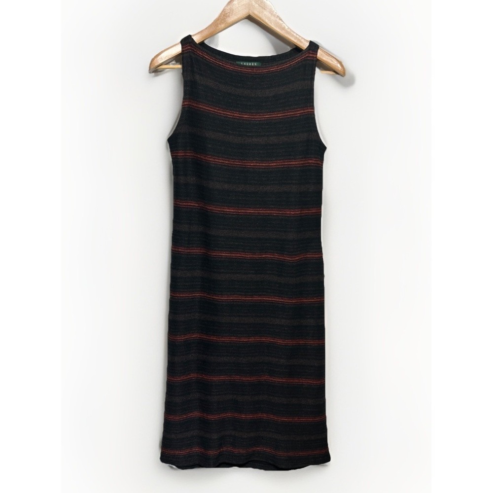 Ralph Lauren Linen Sleeveless Boat‎ Neck Midi Dress Black Stripe Size Medium